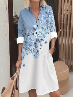 Women's Shirt Dress Casual Dress Cotton Linen Dress Midi Dress Polyester Fashion Casual Daily Outdoor Daily Vacation Shirt Collar Button Pocket 3/4 Length Sleeve Spring Fall Autumn 2023 Loose Fit Blue