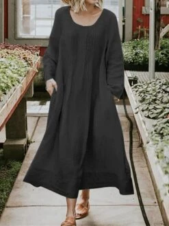 Women's Casual Dress Cotton Linen Dress Swing Dress Maxi Long Dress Linen / Cotton Blend Fashion Classic Outdoor Daily Vacation Crew Neck Ruched Pocket Long Sleeve Summer Spring Fall 2023 Loose Fit -HAYz Clothing Shop oibrtg1689325388856