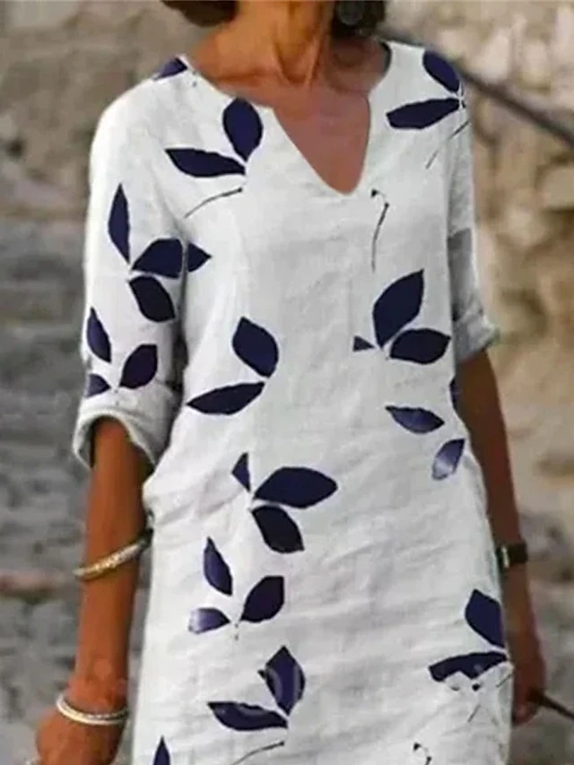 Women's Casual Dress Cotton Linen Dress Shift Dress Midi Dress Cotton Blend Fashion Modern Outdoor Daily Vacation V Neck Print Half Sleeve Summer Spring 2023 Regular Fit White Purple Brown Leaf S M L 2 Women's Casual Dress Cotton Linen Dress Shift Dress Midi Dress Cotton Blend Fashion Modern Outdoor Daily Vacation V Neck Print Half Sleeve Summer Spring 2023 Regular Fit White Purple Brown Leaf S M L - Image 2