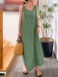 Women's Cotton Linen Dress Casual Dress Shift Dress Maxi Long Dress Cotton Blend Basic Casual Daily Holiday Vacation Crew Neck Pocket Sleeveless Summer Spring 2023 Loose Fit Yellow Pink Red Pure Color -HAYz Clothing Shop oioojy1654591126168