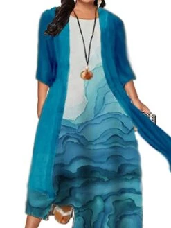 Women‘s Plus Size Curve Dress Set Print Crew Neck Print 3/4 Length Sleeve Spring Fall Stylish Casual Maxi Long Dress Daily Holiday Dress