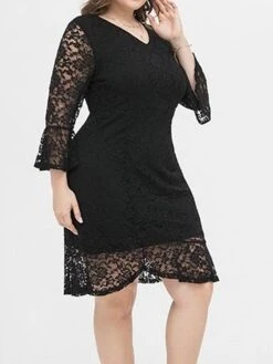 Women's Plus Size Party Dress Lace Dress Cocktail Dress Midi Dress Black 3/4 Length Sleeve Pure Color Lace Spring Fall Winter V Neck Fashion Winter Dress Birthday Wedding Guest 2023 XL XXL 3XL 4XL