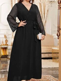 Women's Plus Size Prom Dress Party Dress Wedding Guest Dress Long Dress Maxi Dress Black Green Long Sleeve Pure Color Lace Up Fall Winter Autumn V Neck Fashion Winter Dress Wedding Guest Evening Party -HAYz Clothing Shop ojcjmv1693207138316
