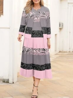 Women's Plus Size Curve Casual Dress Dress Set Two Piece Dress Stripe Midi Dress Long Sleeve Print Crew Neck Fashion Outdoor Pink Fall Winter L XL XXL 3XL 4XL