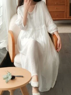 Women's Casual Dress Cotton Linen Dress Swing Dress Midi Dress Cotton Blend Basic Casual Outdoor Daily V Neck Ruched 3/4 Length Sleeve Summer Spring 2023 Loose Fit Black White Yellow Pure Color M L -HAYz Clothing Shop ojvgnb1677135412052