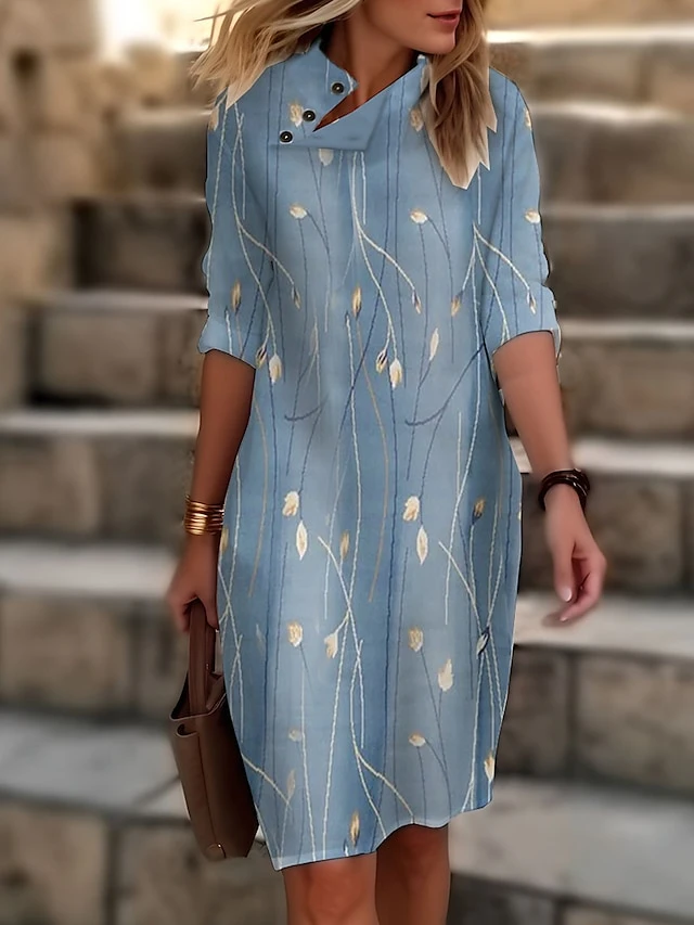 Women's Casual Dress Cotton Linen Dress Shift Dress Midi Dress Polyester Fashion Casual Daily Outdoor Daily Vacation Turtleneck Button Print 3/4 Length Sleeve Summer Spring Fall 2023 Loose Fit Black 3 Women's Casual Dress Cotton Linen Dress Shift Dress Midi Dress Polyester Fashion Casual Daily Outdoor Daily Vacation Turtleneck Button Print 3/4 Length Sleeve Summer Spring Fall 2023 Loose Fit Black - Image 3