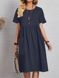 Women's Casual Dress Cotton Linen Dress Midi Dress Linen / Cotton Blend Basic Classic Outdoor Daily Vacation Crew Neck Pocket Short Sleeve Summer Spring 2023 Regular Fit Pink Navy Blue Brown Plain S -HAYz Clothing Shop okfqgl1691067951369