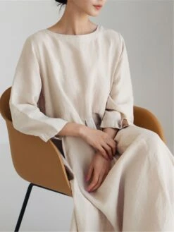 Women's Cotton Linen Dress Casual Dress Swing Dress Maxi Long Dress Cotton Blend Basic Classic Outdoor Daily Crew Neck Pocket Smocked Long Sleeve Summer Spring Fall 2023 Loose Fit Black Yellow Green -HAYz Clothing Shop olfudn1673850088793