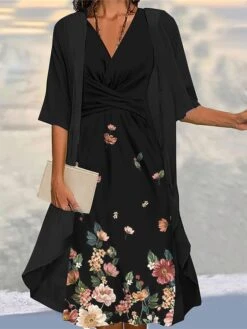 Women's Two Piece Dress Set Casual Dress Chiffon Dress Outdoor Daily Fashion Streetwear Knot Front Print Midi Dress V Neck 3/4 Length Sleeve Floral Regular Fit Black Pink Blue Fall Winter S M L XL XXL