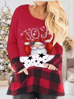 Women's Plus Size Christmas T Shirt Dress Tee Dress Plaid Crew Neck Print Long Sleeve Spring Fall Casual Mini Dress Daily Dress -HAYz Clothing Shop ologzl1668152056644