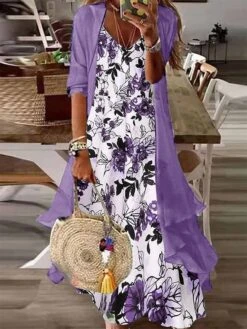 Women's Two Piece Dress Set Casual Dress Print Dress Outdoor Daily Fashion Casual Print Maxi Dress V Neck Half Sleeve Leaf Floral Regular Fit Blue Purple Summer Spring S M L XL XXL -HAYz Clothing Shop olokaf1680606497164