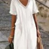 Women's Casual Dress Cotton Dress Shift Dress Midi Dress Cotton Basic Classic Outdoor Daily Vacation V Neck Lace Up Patchwork Short Sleeve Summer Spring 2023 Loose Fit Black White Pink Plain S M L XL