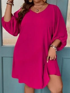 Women‘s Plus Size Curve Party Dress Cocktail Dress Wedding Guest Dress Midi Dress Fuchsia Long Sleeve Pure Color Ruched Spring Fall Winter V Neck Fashion Birthday Wedding Guest Vacation 2023 -HAYz Clothing Shop olumbw1692170173559