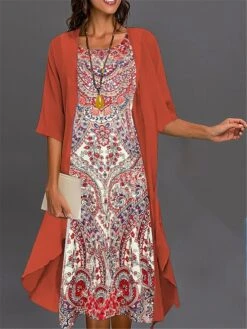 Women's Two Piece Dress Set Casual Dress Print Dress Outdoor Daily Fashion Elegant Print Midi Dress Crew Neck 3/4 Length Sleeve Floral Loose Fit Pink Navy Blue Royal Blue Summer Spring S M L XL XXL -HAYz Clothing Shop olwlfr1689230895406