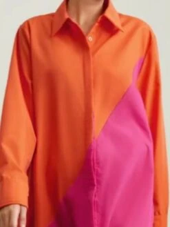 Women's Shirt Dress Casual Dress Maxi Long Dress Office Daily Date Polyester Fashion Modern Shirt Collar Patchwork Print 3/4 Length Sleeve Summer Spring Fall 2023 Regular Fit Pink Orange Leaf Color -HAYz Clothing Shop olzoui1682675588268