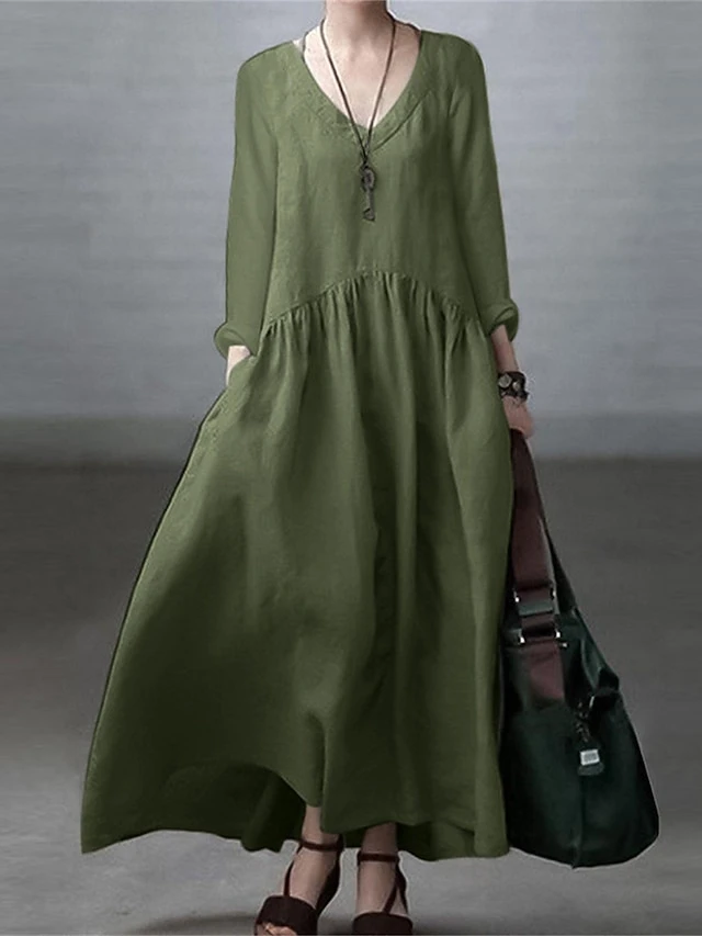 Women's Casual Dress Cotton Dress Swing Dress Maxi Long Dress Cotton Basic Classic Outdoor Daily Vacation V Neck Ruched Long Sleeve Spring Fall Winter 2023 Loose Fit ArmyGreen Black White Plain S M L 5 Women's Casual Dress Cotton Dress Swing Dress Maxi Long Dress Cotton Basic Classic Outdoor Daily Vacation V Neck Ruched Long Sleeve Spring Fall Winter 2023 Loose Fit ArmyGreen Black White Plain S M L - Image 5