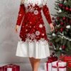 Women's Plus Size Curve Casual Dress Winter Dress Skater Dress Christmas Tree Snowflake Midi Dress Long Sleeve Print Crew Neck Fashion Outdoor White Wine Fall Winter L XL XXL 3XL 4XL