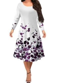 Women‘s Plus Size Curve Work Dress Floral Crew Neck Long Sleeve Winter Fall Fashion Elegant Modern Midi Dress Office Work Dress -HAYz Clothing Shop omhbet1670470614679