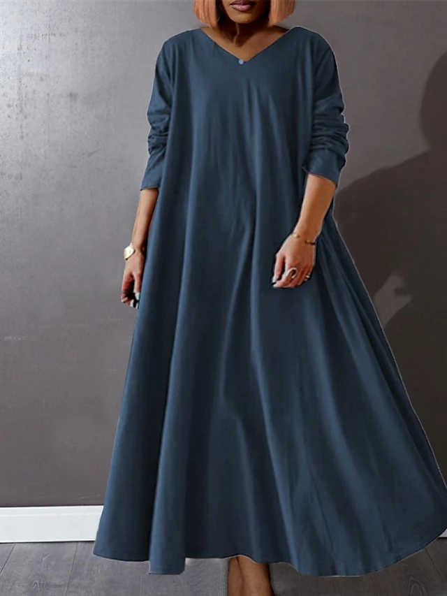 Women‘s Plus Size Curve Casual Dress Pure Color V Neck Long Sleeve Winter Fall Basic Casual Maxi Long Dress Daily Vacation Dress 1 Women‘s Plus Size Curve Casual Dress Pure Color V Neck Long Sleeve Winter Fall Basic Casual Maxi Long Dress Daily Vacation Dress