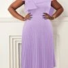 Women‘s Plus Size Curve Party Dress Cocktail Dress Wedding Guest Dress Midi Dress Purple Green Short Sleeve Pure Color Pleated Summer Spring Fall V Neck Fashion Wedding Guest Vacation Summer Dress