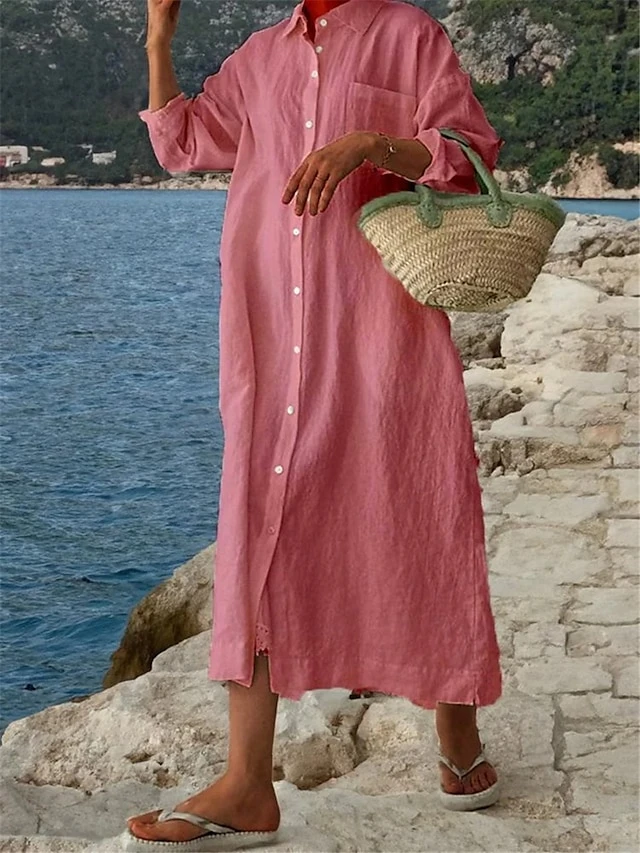 Women's Shirt Dress Casual Dress Cotton Linen Dress Maxi Long Dress Linen / Cotton Blend Basic Classic Outdoor Daily Vacation Shirt Collar Button Pocket Long Sleeve Summer Spring Fall 2023 Loose Fit 2 Women's Shirt Dress Casual Dress Cotton Linen Dress Maxi Long Dress Linen / Cotton Blend Basic Classic Outdoor Daily Vacation Shirt Collar Button Pocket Long Sleeve Summer Spring Fall 2023 Loose Fit - Image 2