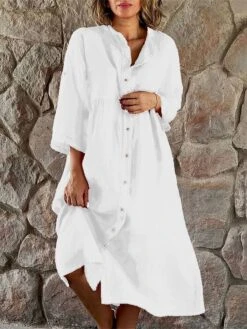 Women's Casual Dress Cotton Linen Dress Swing Dress Midi Dress Cotton Blend Basic Classic Outdoor Daily Vacation Stand Collar Button Pocket 3/4 Length Sleeve Summer Spring Autumn 2023 Loose Fit Black -HAYz Clothing Shop omvmps1682650909831