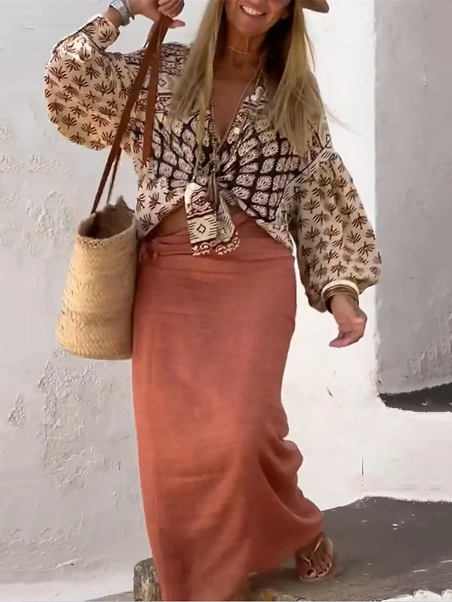 Women's Two Piece Dress Set Casual Dress Skirt Set Outdoor Daily Fashion Streetwear Lace Up Print Long Dress Maxi Dress V Neck Long Sleeve Floral Regular Fit Pink Spring Fall S M L XL XXL 4 Women's Two Piece Dress Set Casual Dress Skirt Set Outdoor Daily Fashion Streetwear Lace Up Print Long Dress Maxi Dress V Neck Long Sleeve Floral Regular Fit Pink Spring Fall S M L XL XXL - Image 4