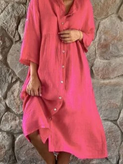 Women's Casual Dress Cotton Linen Dress Swing Dress Midi Dress Cotton Blend Basic Classic Outdoor Daily Vacation Stand Collar Button Pocket 3/4 Length Sleeve Summer Spring Autumn 2023 Loose Fit Black -HAYz Clothing Shop ondotm1687849044789