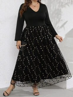 Women‘s Plus Size Curve Party Dress Swing Dress Black Dress Long Dress Maxi Dress Black Long Sleeve Polka Dot Mesh Summer Spring Fall V Neck Fashion Winter Dress Birthday Evening Party 2023 -HAYz Clothing Shop onfskr1691464041953