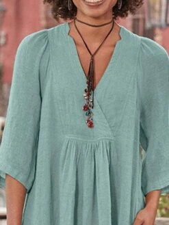 Women's Casual Dress Cotton Linen Dress Swing Dress Midi Dress Cotton Blend Casual Mature Daily Holiday Vacation V Neck Ruched Pocket 3/4 Length Sleeve Summer Spring 2023 Loose Fit Green Pure Color S -HAYz Clothing Shop onjdsh1656493013186