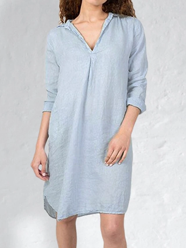 Women's Casual Dress Cotton Linen Dress Midi Dress Linen / Cotton Blend Fashion Basic Outdoor Daily Vacation Split Neck Pocket Split Long Sleeve Fall Winter Autumn 2023 Loose Fit Light Blue Plain S M 3 Women's Casual Dress Cotton Linen Dress Midi Dress Linen / Cotton Blend Fashion Basic Outdoor Daily Vacation Split Neck Pocket Split Long Sleeve Fall Winter Autumn 2023 Loose Fit Light Blue Plain S M - Image 3