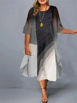 Women‘s Plus Size Curve Casual Dress Dress Set Two Piece Dress Gradient Midi Dress 3/4 Length Sleeve Print Crew Neck Fashion Daily Black Light Grey Spring Summer L XL XXL 3XL 4XL -HAYz Clothing Shop onlhaw1672899840092