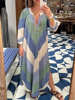 Women's Casual Dress A Line Dress Summer Dress Long Dress Maxi Dress Polyester Fashion Streetwear Outdoor Daily Date V Neck Pocket Split Long Sleeve Summer Spring Fall 2023 Regular Fit Blue Geometric -HAYz Clothing Shop onmlno1682665938028