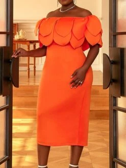 Women's Plus Size Curve Party Dress Cocktail Dress Bodycon Plain Midi Dress Short Sleeve Split Off Shoulder Fashion Party Orange Spring Fall XL XXL 3XL 4XL -HAYz Clothing Shop onwhhp1694165773588