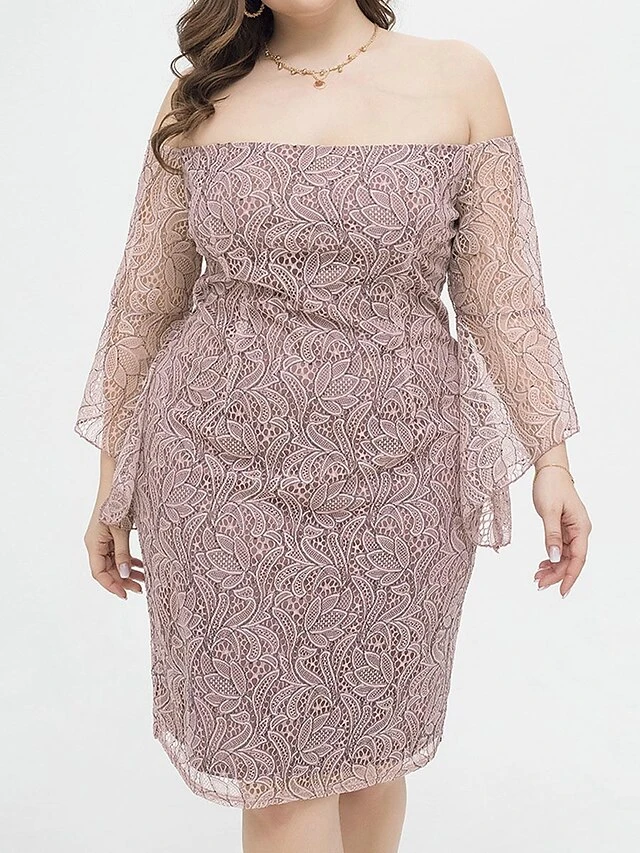 Women's Plus Size Party Dress Lace Dress Cocktail Dress Midi Dress Pink Long Sleeve Pure Color Lace Spring Fall Winter Off Shoulder Fashion Birthday Wedding Guest Vacation 2023 XL XXL 3XL 4XL 7 Women's Plus Size Party Dress Lace Dress Cocktail Dress Midi Dress Pink Long Sleeve Pure Color Lace Spring Fall Winter Off Shoulder Fashion Birthday Wedding Guest Vacation 2023 XL XXL 3XL 4XL - Image 7