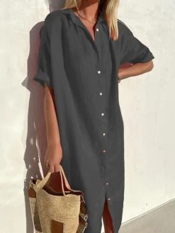 Women's Shirt Dress Casual Dress Midi Dress Daily Cotton Casual Shirt Collar Button Short Sleeve Summer Spring Fall 2023 Loose Fit ArmyGreen Black Red Plain XS S M L XL -HAYz Clothing Shop oodxzm1686205879871
