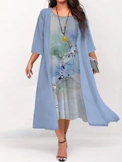 Women's Plus Size Curve Two Piece Dress Set Casual Dress Swing Dress Outdoor Daily Fashion Elegant Print Midi Dress Crew Neck 3/4 Length Sleeve Ombre Marble Print Pink Blue Green Fall Winter S M -HAYz Clothing Shop oomfeu1692935542940