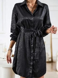 Women's Shirt Dress Midi Dress Outdoor Date Vacation Satin Fashion Elegant Shirt Collar Lace Up Button Long Sleeve Spring Fall Winter 2023 Loose Fit Black Wine Brown Pure Color S M L XL -HAYz Clothing Shop oomqnz1692856946626