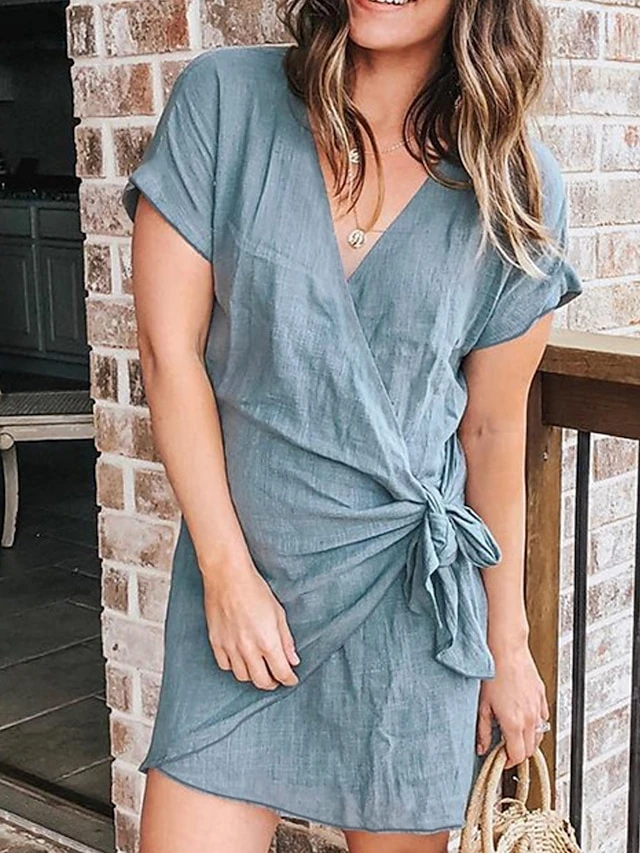 Women's Casual Dress Cotton Linen Dress Shift Dress Mini Dress Polyester Basic Classic Outdoor Daily Vacation V Neck V Neck Layered Short Sleeve Summer Spring 2023 Regular Fit Black Navy Blue Blue 2 Women's Casual Dress Cotton Linen Dress Shift Dress Mini Dress Polyester Basic Classic Outdoor Daily Vacation V Neck V Neck Layered Short Sleeve Summer Spring 2023 Regular Fit Black Navy Blue Blue - Image 2