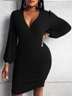 Women's Plus Size Curve Sweater Dress Casual Dress Winter Dress Solid Color Midi Dress Long Sleeve V Neck Fashion Daily Black Fall Winter XL XXL 3XL -HAYz Clothing Shop opfdpi1697543254272