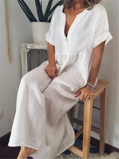 Women's Casual Dress Cotton Linen Dress Maxi Long Dress Cotton Blend Basic Classic Outdoor Daily Vacation Split Neck Button Short Sleeve Summer Spring 2023 Loose Fit Black White Blue Plain S M L XL