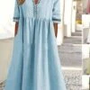 Women‘s Casual Dress Cotton Linen Dress Caftan Dress Swing Dress Midi Dress Cotton Blend Basic Classic Outdoor Daily Vacation V Neck Ruched Hollow Out Half Sleeve Summer Spring Fall 2023