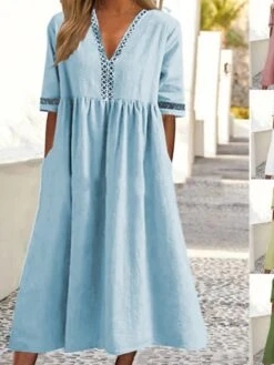 Women‘s Casual Dress Cotton Linen Dress Caftan Dress Swing Dress Midi Dress Cotton Blend Basic Classic Outdoor Daily Vacation V Neck Ruched Hollow Out Half Sleeve Summer Spring Fall 2023