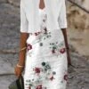 Women's Two Piece Dress Set Casual Dress Shift Dress Outdoor Daily Fashion Modern Print Midi Dress V Neck Half Sleeve Floral Loose Fit White Summer Spring S M L XL XXL