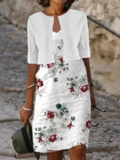 Women's Two Piece Dress Set Casual Dress Shift Dress Outdoor Daily Fashion Modern Print Midi Dress V Neck Half Sleeve Floral Loose Fit White Summer Spring S M L XL XXL
