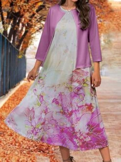Women's Two Piece Dress Set Casual Dress Swing Dress Outdoor Office Fashion Streetwear Print Midi Dress Crew Neck 3/4 Length Sleeve Floral Ombre Regular Fit Pink Blue Purple Fall Winter S M L XL XXL -HAYz Clothing Shop opxaie1697782922232