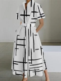 Women's Shirt Dress Casual Dress Swing Dress Maxi Long Dress Outdoor Office Daily Polyester Fashion Modern Shirt Collar Button Pocket Short Sleeve Summer Spring 2023 Loose Fit Black White Pink -HAYz Clothing Shop oqbdyo1689925568403