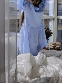 Women's Casual Dress Cotton Linen Dress Mini Dress Cotton Daily Basic Outdoor Home Daily V Neck Ruched Button 3/4 Length Sleeve Fall Autumn 2023 Loose Fit Navy Blue Blue Purple Plain S M L -HAYz Clothing Shop oqdbra1692936384007