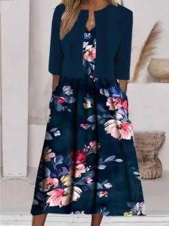 Women's Two Piece Dress Set Casual Dress Print Dress Daily Vacation Fashion Streetwear Pocket Print Midi Dress V Neck Half Sleeve Floral Regular Fit Navy Blue Summer Spring S M L XL XXL