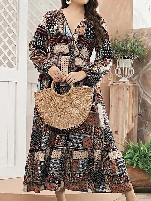 Women's Plus Size Curve Work Dress Swing Dress Semi Formal Dress Fashion Long Dress Maxi Dress Print V Neck Long Sleeve Geometric Paisley Regular Fit Khaki Fall Winter L XL XXL 3XL 4XL 2 Women's Plus Size Curve Work Dress Swing Dress Semi Formal Dress Fashion Long Dress Maxi Dress Print V Neck Long Sleeve Geometric Paisley Regular Fit Khaki Fall Winter L XL XXL 3XL 4XL - Image 2